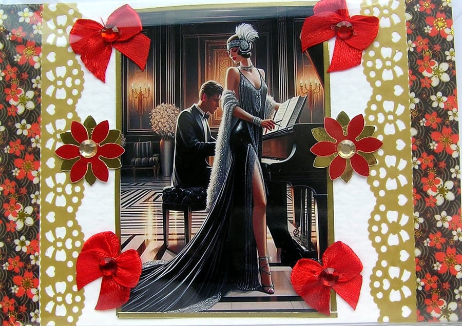 Art Deco Style Lady - Hand Crafted Decoupage Greeting Card - Blank 3159