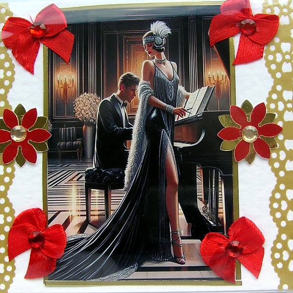 Art Deco Style Lady - Hand Crafted Decoupage Greeting Card - Blank 3159