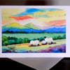 Art Greetings Card, Sheep, Tryfan, Snowdonia, North Wales, Blank inside, A5