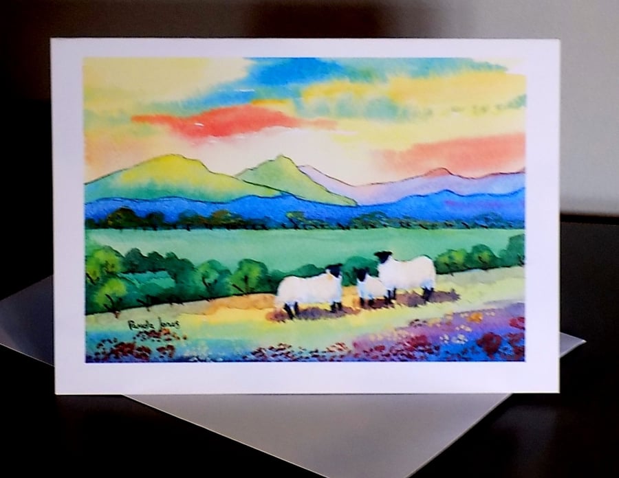 Art Greetings Card, Sheep, Tryfan, Snowdonia, North Wales, Blank inside, A5