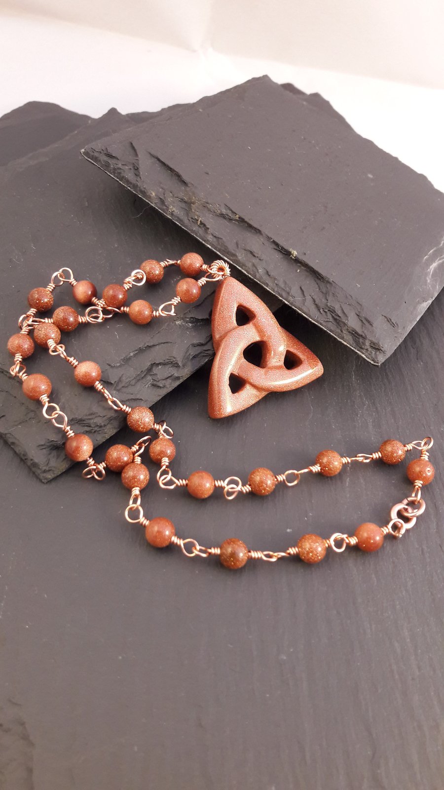 Brown Goldstone Triquerta and Rosary Link Necklace