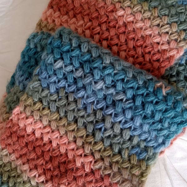 Bean Stitch Crocheted Scarf - Long Variegated Crocheted Scarf - Autumnal Scarf