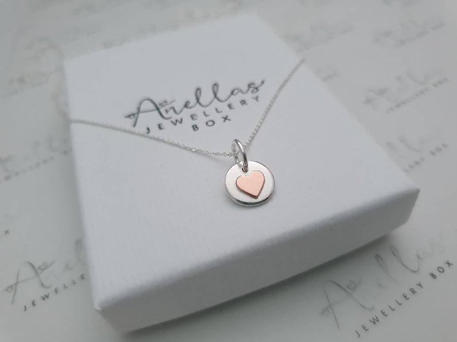 Mixed Metal Heart Necklace, Dainty Silver Necklace, Copper Heart Necklace