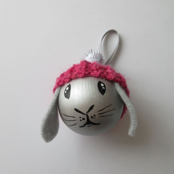 Bunny Christmas Bauble Rabbit Head Decoration for Christmas Tree in Woolly Hat