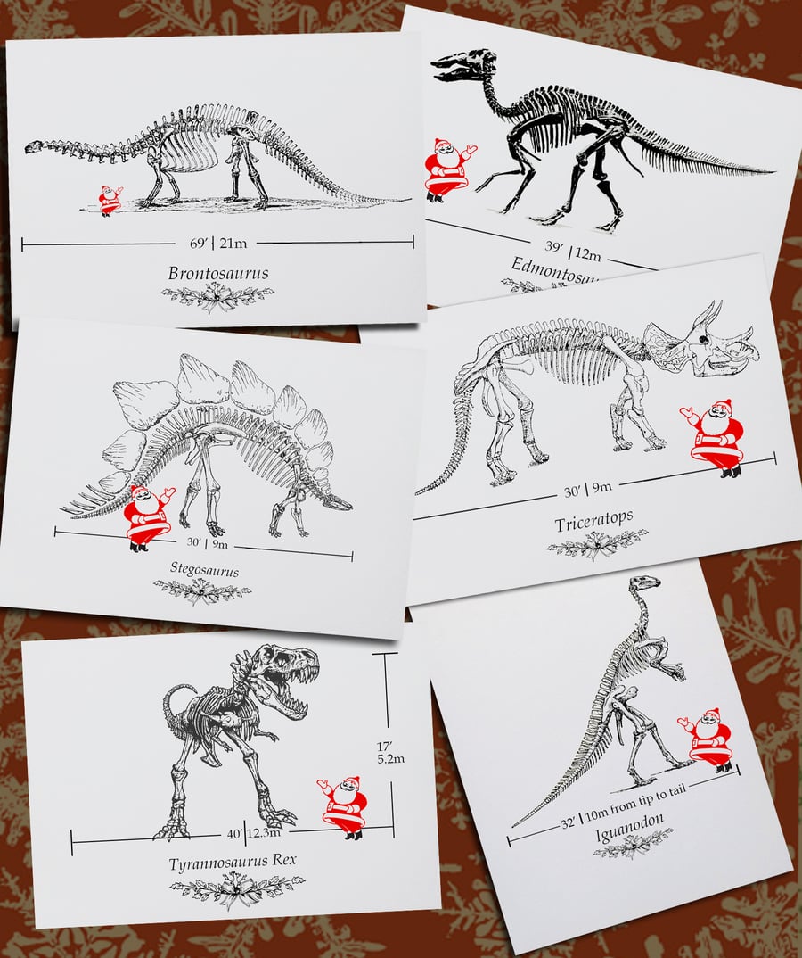 Funny Santa to Dinosaur Scale Christmas Card Set, T-Rex, Stegosaurus, 