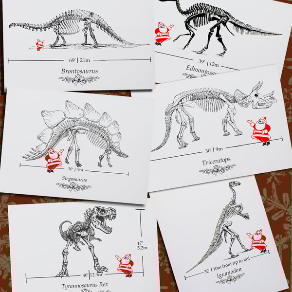Funny Santa to Dinosaur Scale Christmas Card Set, T-Rex, Stegosaurus, 