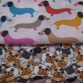 Fat Quarter Bundle of 2 Dog Fabrics Sausage Dogs & Pugs 