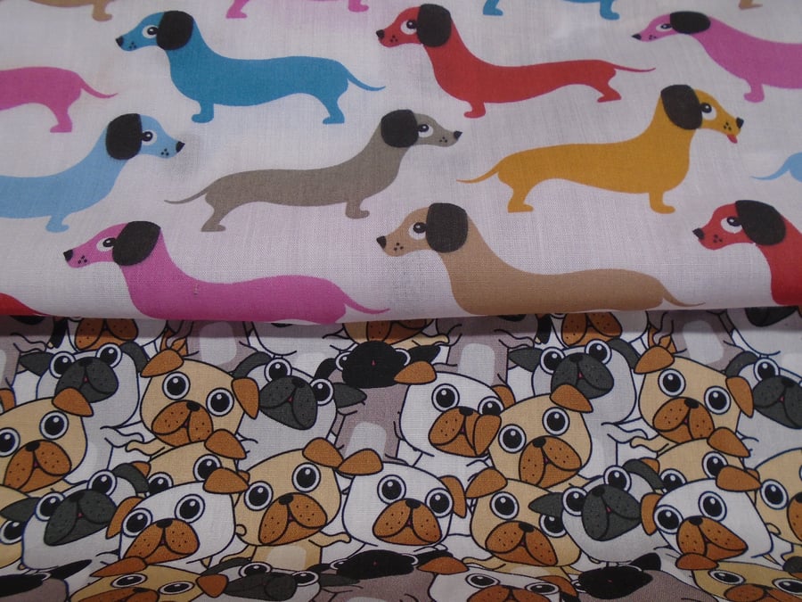 Fat Quarter Bundle of 2 Dog Fabrics Sausage Dogs & Pugs 