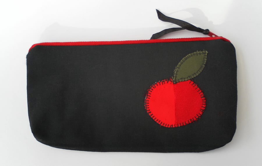 Make Up Bag, pencil case, Black with Red Zip, Red Apple Appliquéd Motif