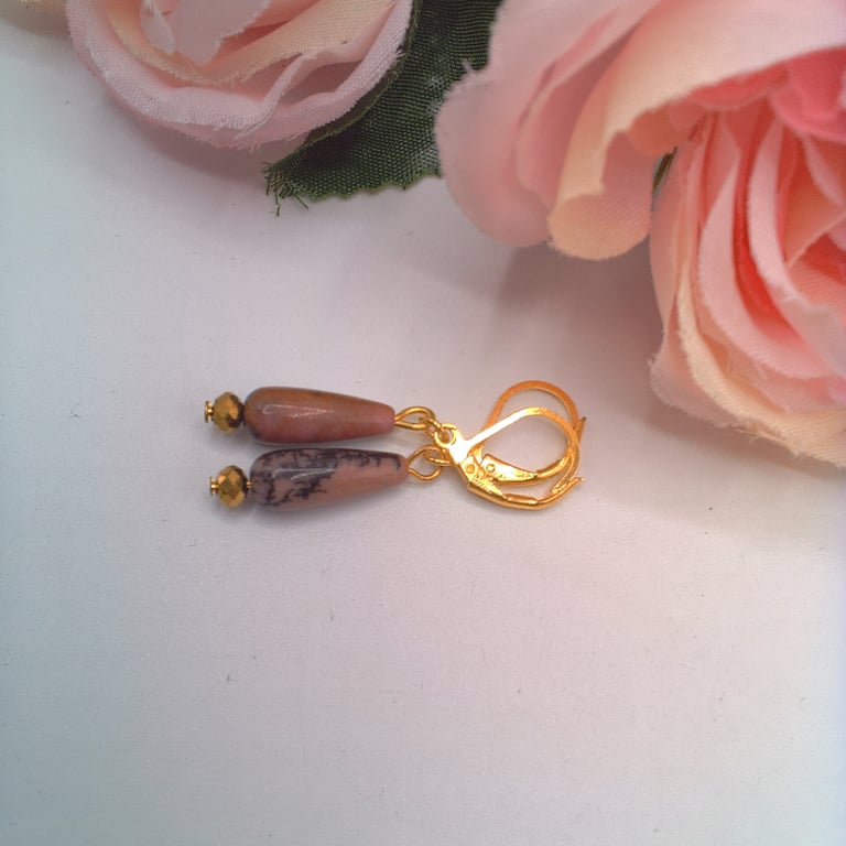 Pink Jasper and Gold Faceted Bead Gold Plated Lever Back Earrings, Gift for Her