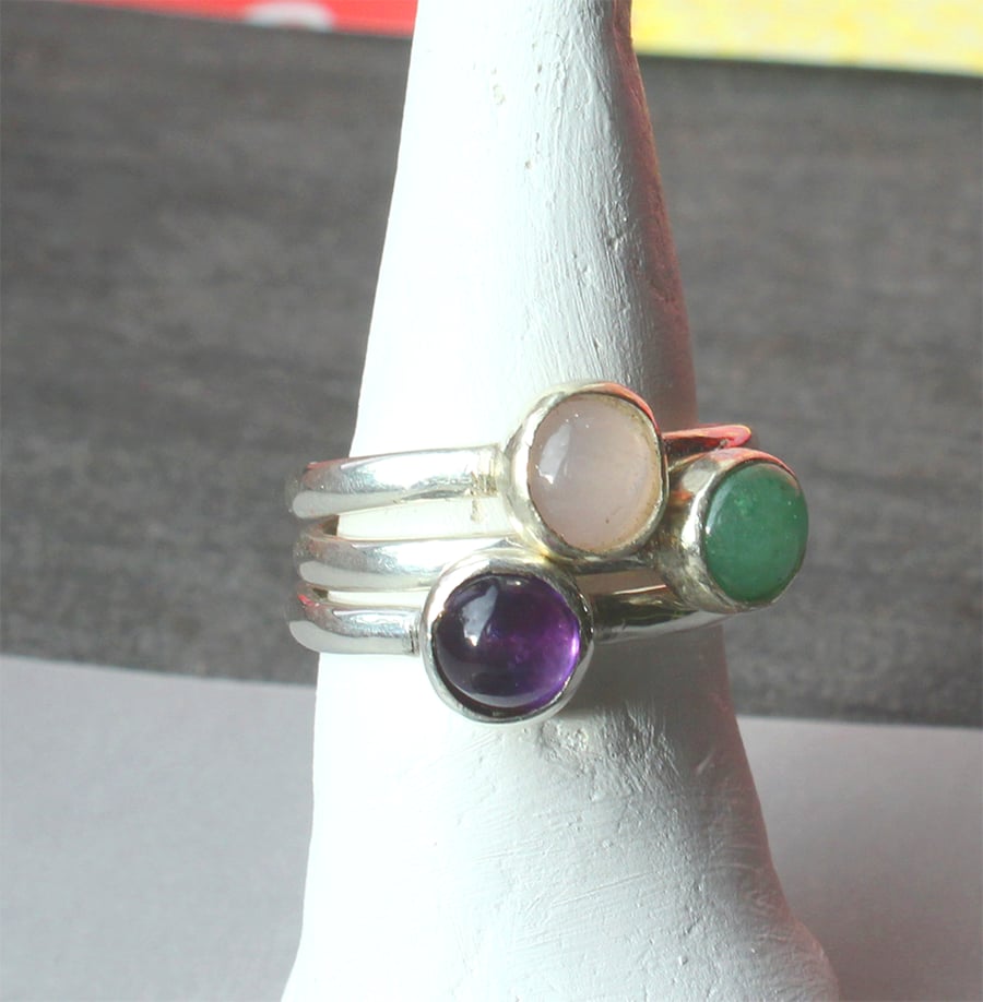 Silver Rings - 3 Stacking silver gemstone rings -Handmade to order - all sizes 