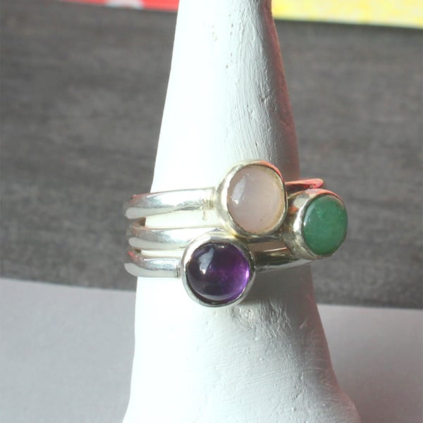 Silver Rings - 3 Stacking silver gemstone rings -Handmade to order - all sizes 