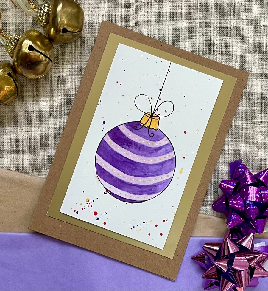 Card, Christmas card, one of a kind, handpainted, christmas bauble in purple.