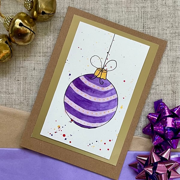 Card, Christmas card, one of a kind, handpainted, christmas bauble in purple.
