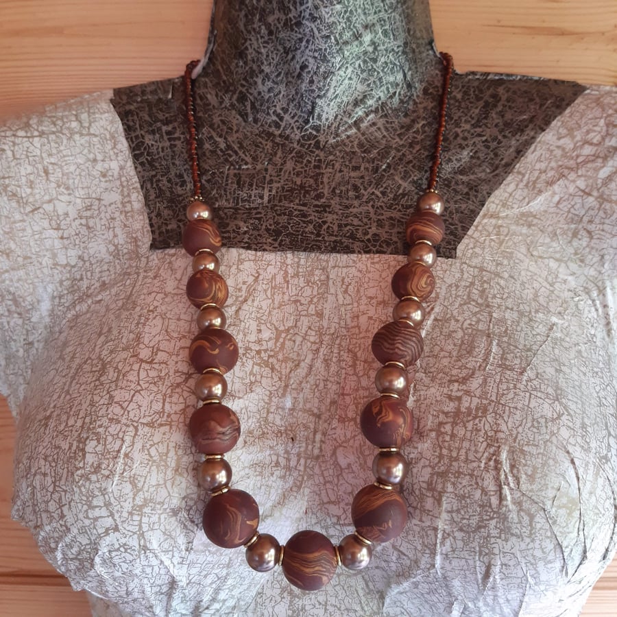 Elegant conker brown and bronze polymer clay necklace