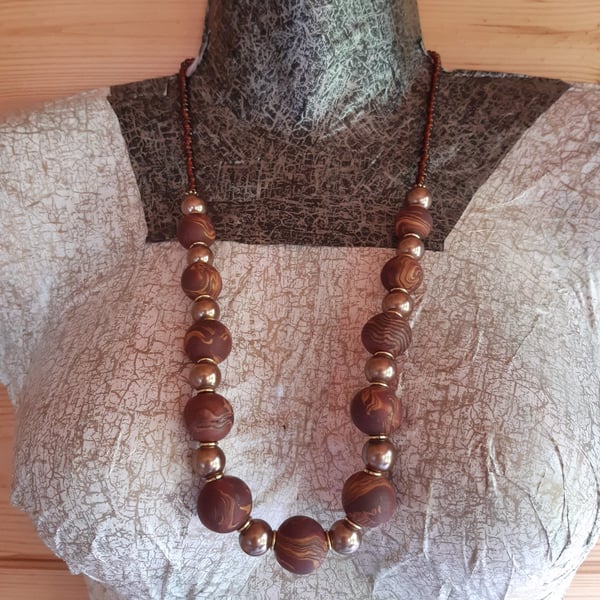 Elegant conker brown and bronze polymer clay necklace