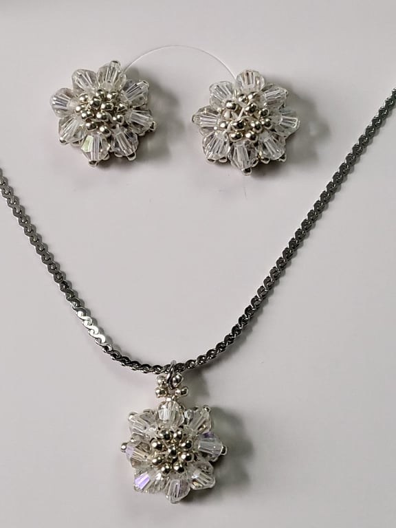 Crystal AB Flower Necklace&Stud Earrings Handmade Jewellery Set Bridal