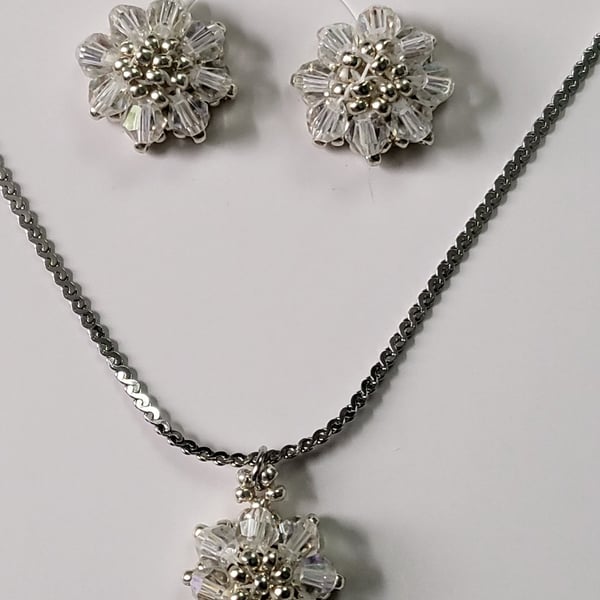 Crystal AB Flower Necklace&Stud Earrings Handmade Jewellery Set Bridal