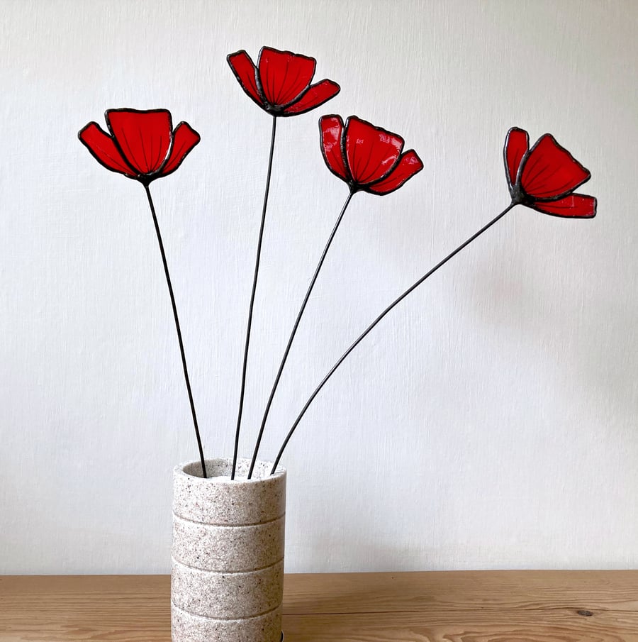 Stained Glass Red Poppy, Wildflower, Everlasting Handmade Wild Flowers
