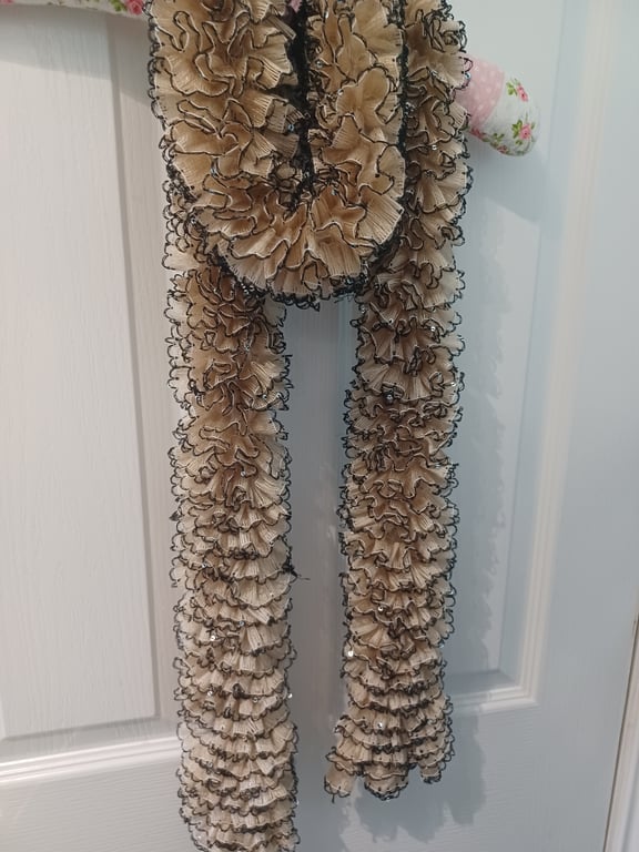 Cream Frilled Scarf With Sequins 
