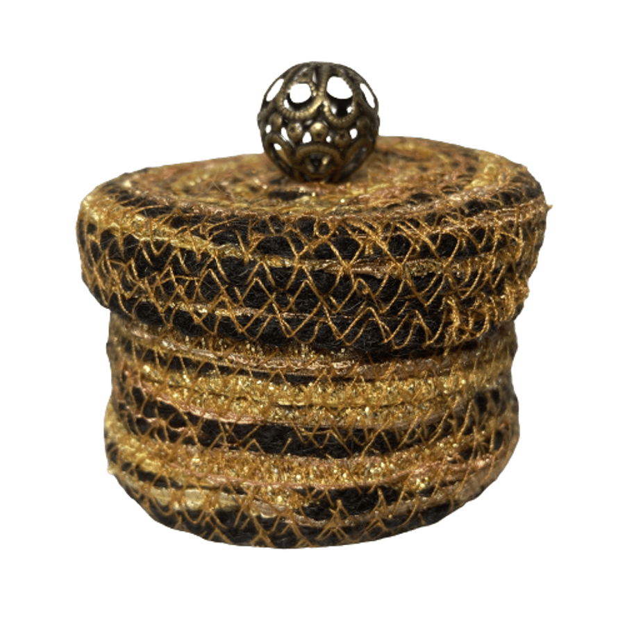 Trinket box, Textile vessel with lid, braided cord in yellow, gold and black