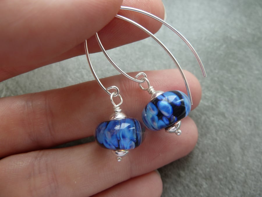 sterling silver, black and blue lampwork glass earrings