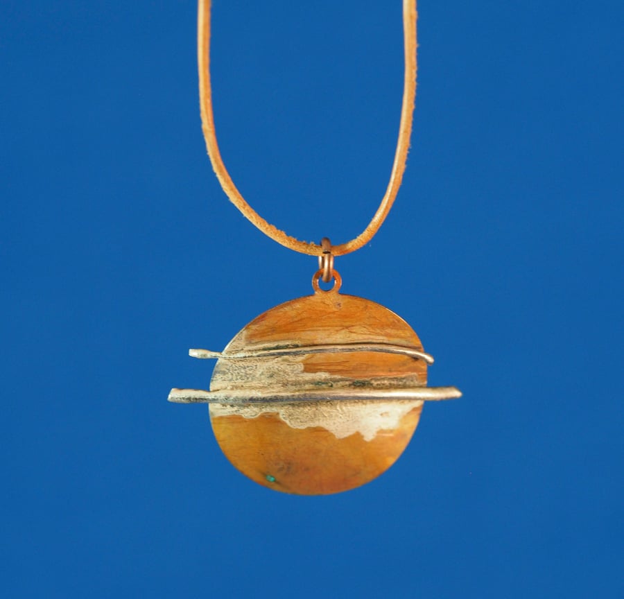 Double Ring Planet Copper and Silver Pendant