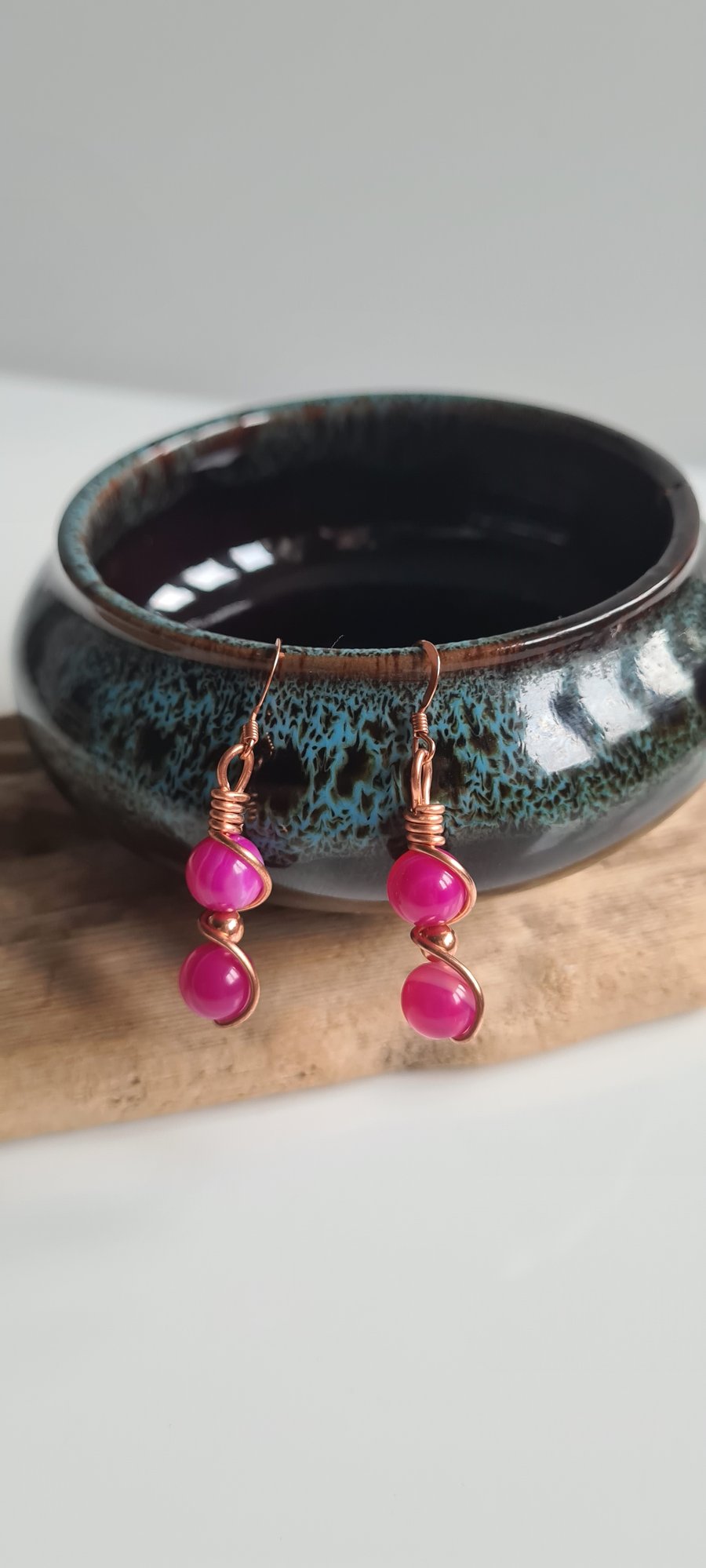 Handmade Pink Banded Agate & Copper Dangle Drop Earrings Gift Boxed 
