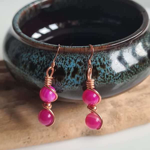 Handmade Pink Banded Agate & Copper Dangle Drop Earrings Gift Boxed 