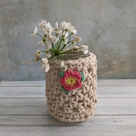 Crochet vase, recycled jar cover, home decor