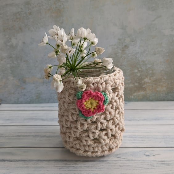 Crochet vase, recycled jar cover, home decor