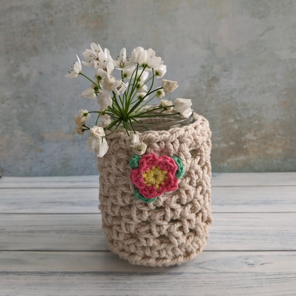 Crochet vase, recycled jar cover, home decor