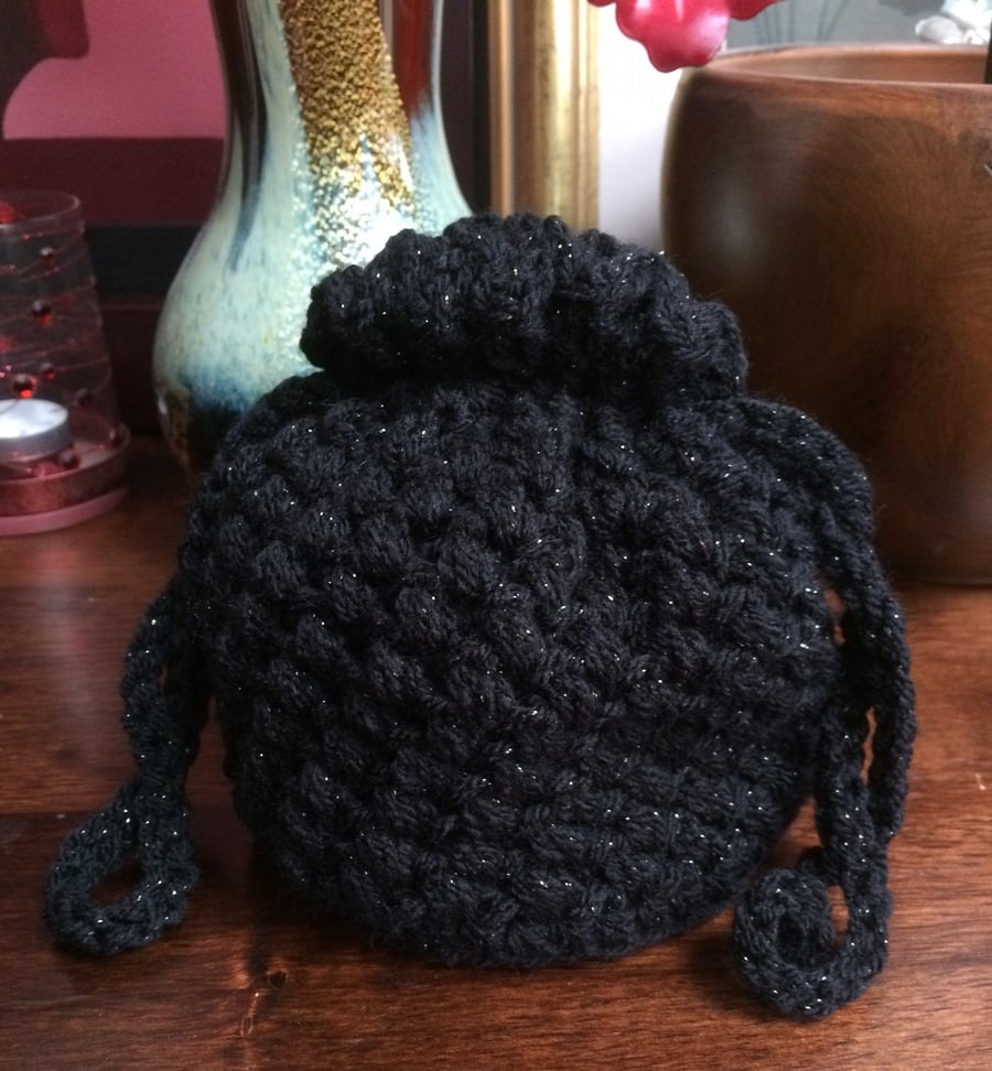 Hand Crochet Black Sparkly Drawstring Bag Pouch Purse Handbag by Poppy Kay