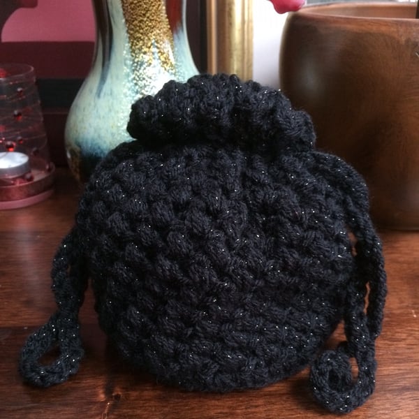 Hand Crochet Black Sparkly Drawstring Bag Pouch Purse Handbag by Poppy Kay