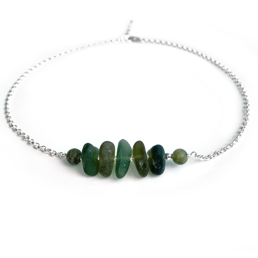 Sea Glass Necklace - Olive Green and Jade Crystal Sterling Silver Jewellery