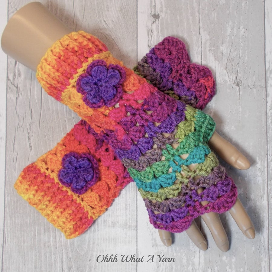 Bright rainbow ladies crochet gloves, finger less gloves. Rainbow gloves