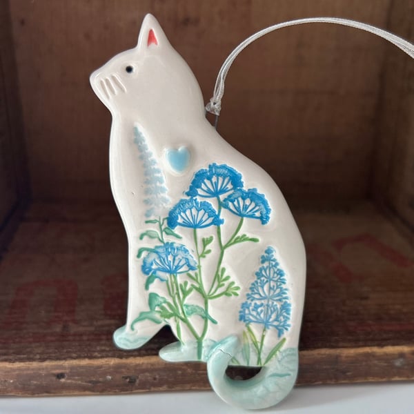 Perfectly Imperfect Ceramic floral cat hanging decoration blues
