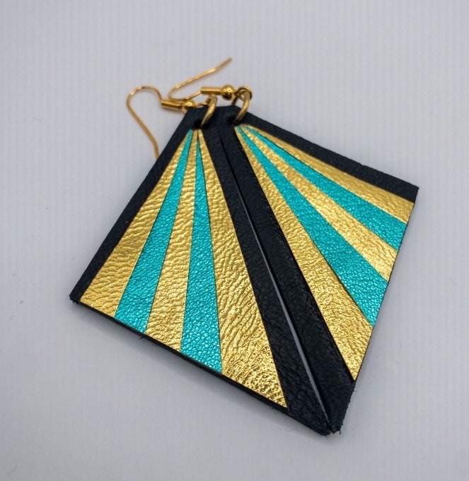Art Deco inspired Triangle leather earrings, metallic gold and turquoise leather