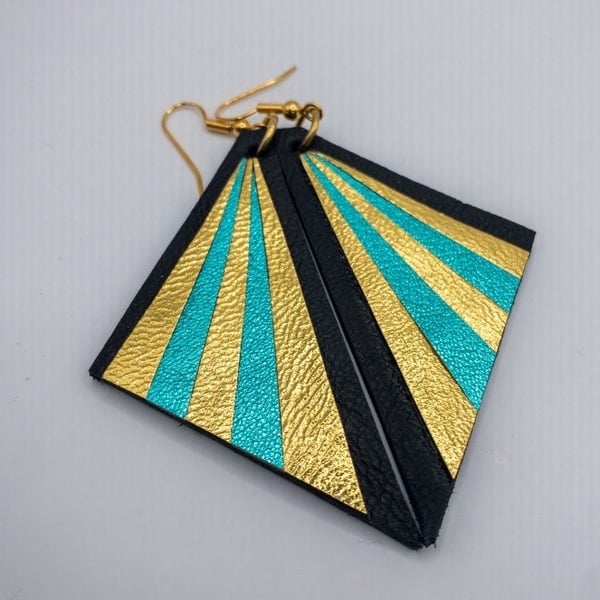 Art Deco inspired Triangle leather earrings, metallic gold and turquoise leather