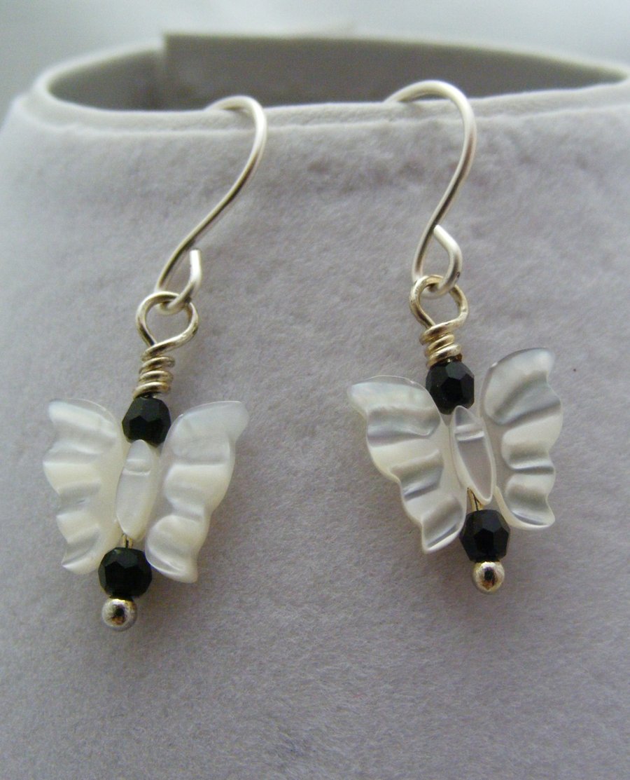 White Carved Mother of Pearl Butterfly Earrings