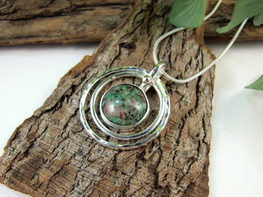 Sterling Silver and Ruby Zoisite Necklace. Circles Fidget Spinner Pendant