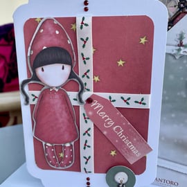 Gorjuss girl pretty in red matching christmas card and large tag.