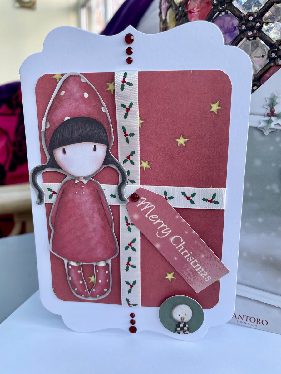 Gorjuss girl pretty in red matching christmas card and large tag.