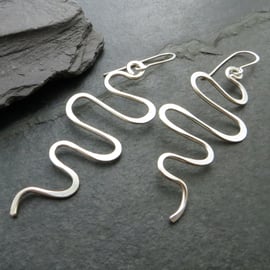 Long silver wave earrings, Statement earrings