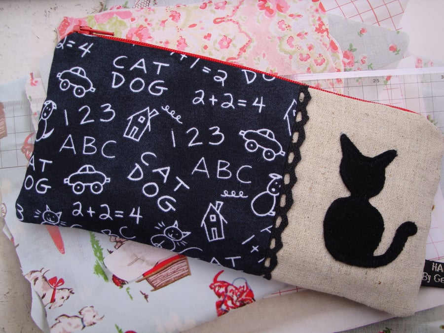 Cotton Pencil case - zipper pouch - black cat- blackboard print.
