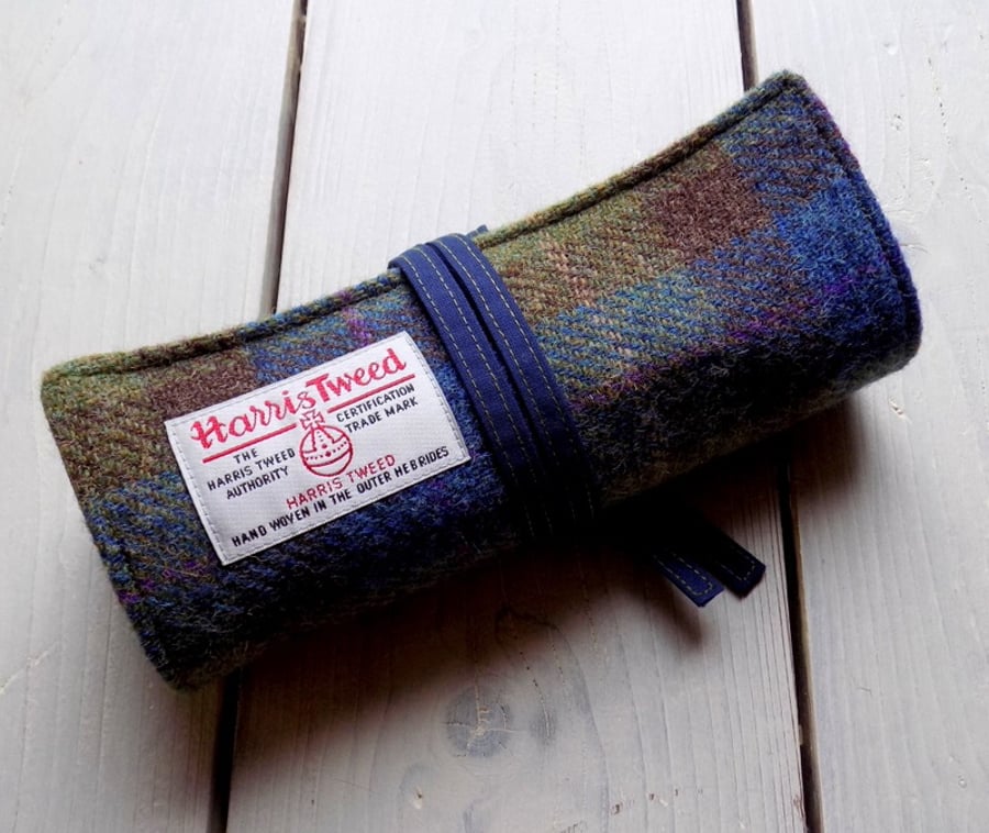 Harris Tweed pencils roll in blue, olive green and brown. Pencils not included
