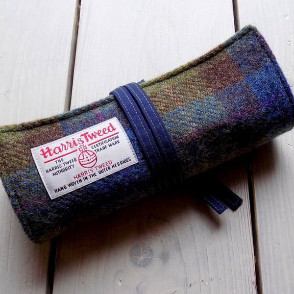 Harris Tweed pencils roll in blue, olive green and brown. Pencils not included
