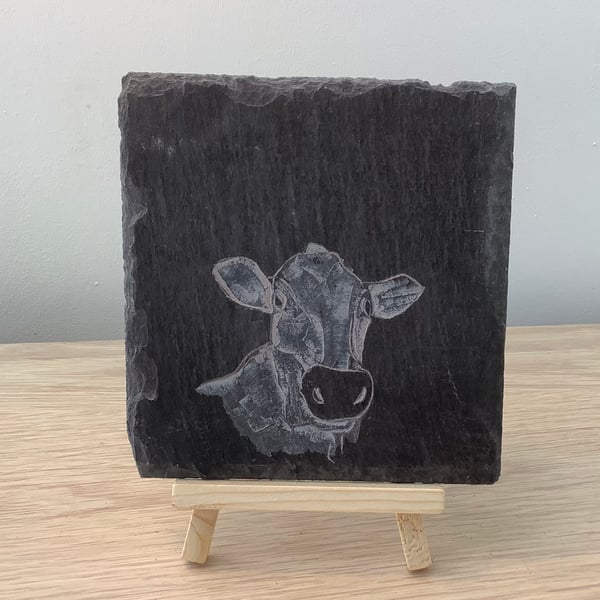 A friendly Cow - original art hand carved on recycled slate