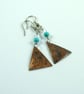 Earrings, Christmas Tree Copper & Turquoise Droppers - Hypoallergenic Ear Wires - Image 5