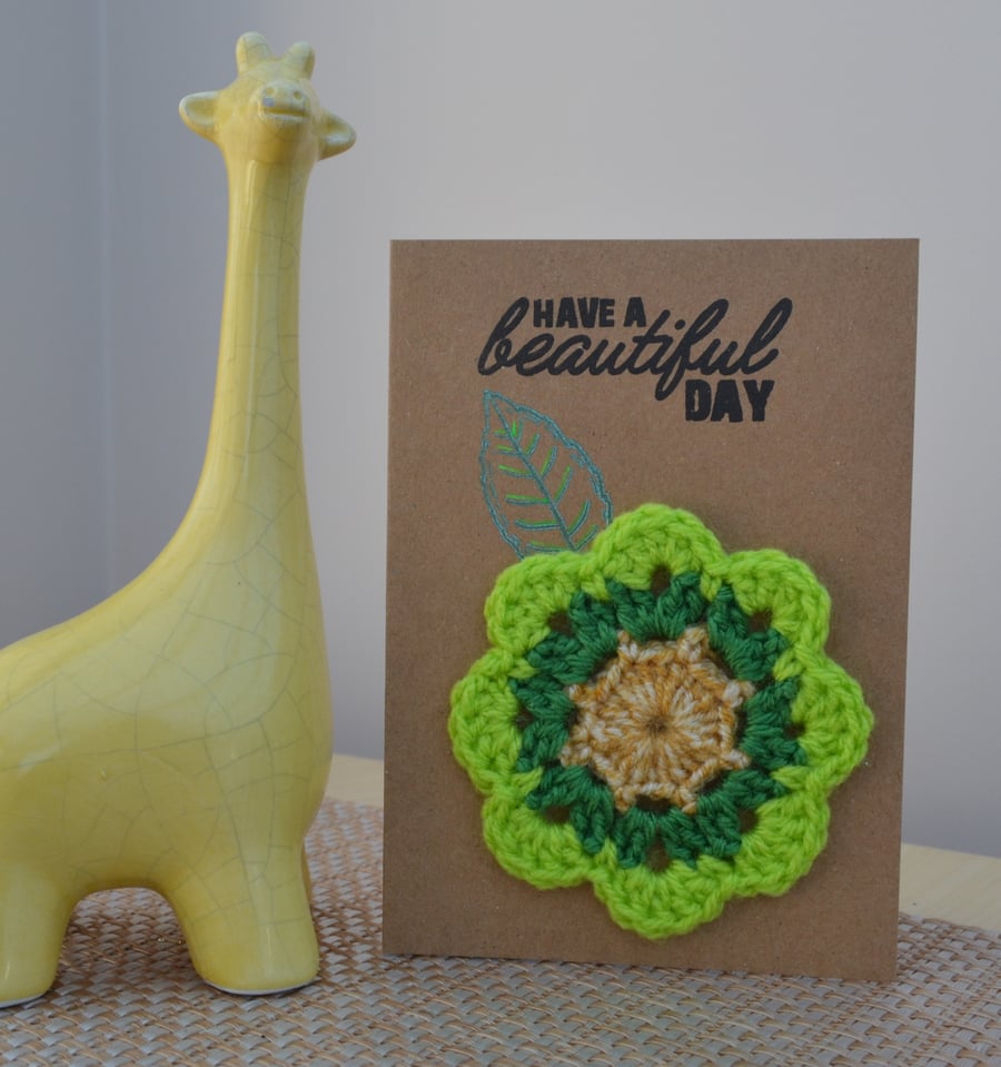 Greeting card with green crochet flower - No. 18